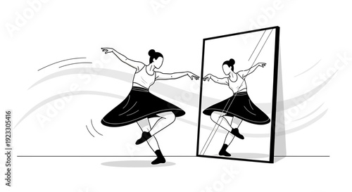 Woman dancing in front of mirror, reflection, ballet pose, creative expression, black and white illustration