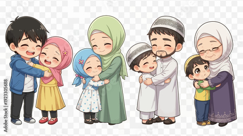 Happy Muslim Families Hugging Illustration Set