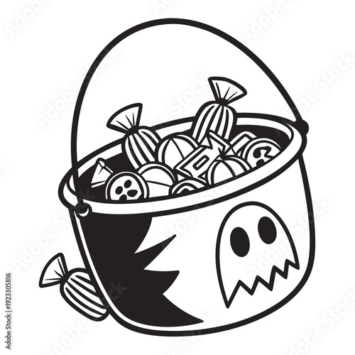 A black and white drawing of a bucket filled with candy