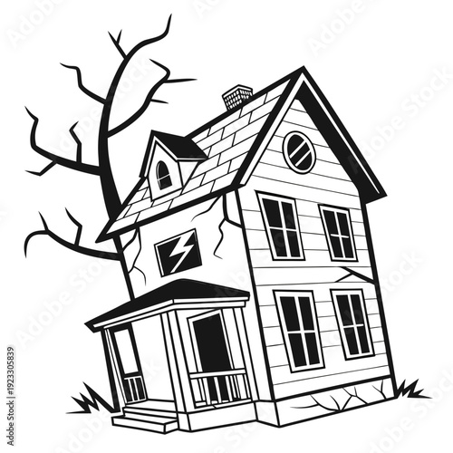 A spooky old house with a bare tree behind it