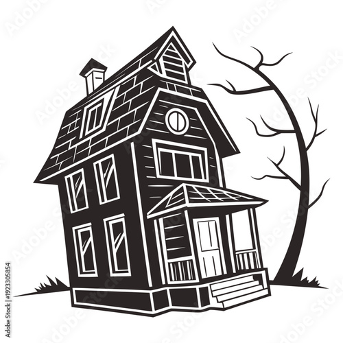 A black and white drawing of a house with a tree