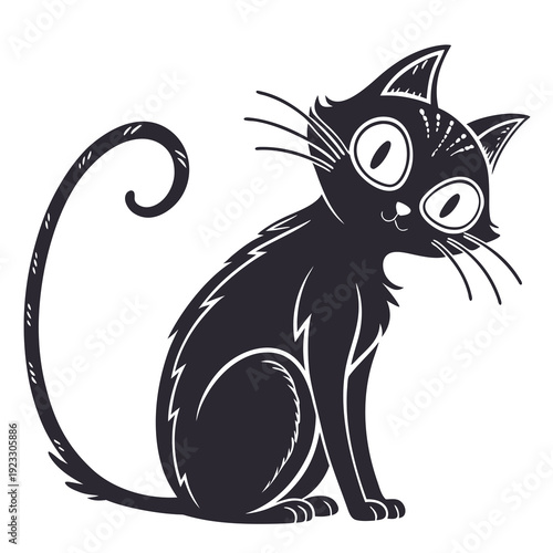 A black cat with a long tail and big eyes