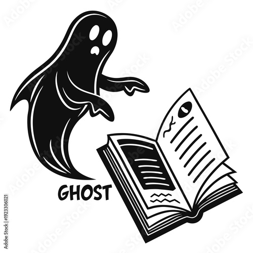 A ghost reading a book with a spooky expression
