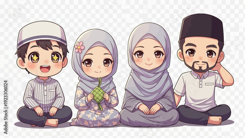 Keluarga Muslim Bahagia Rayakan Idul Fitri Gaya Chibi