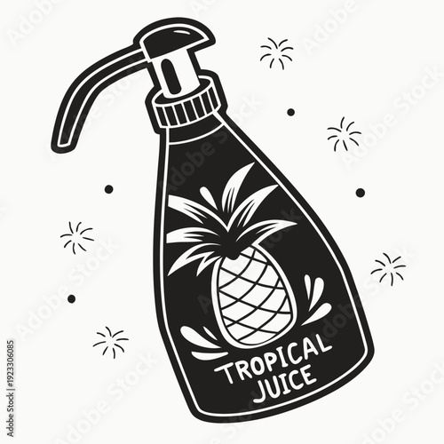 A black and white drawing of a bottle of tropical juice
