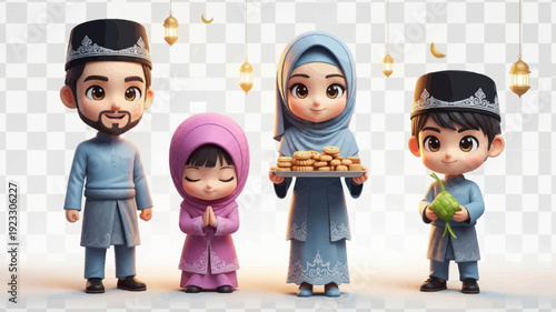 Cute Muslim Family Celebrating Eid al-Fitr with Traditional Food