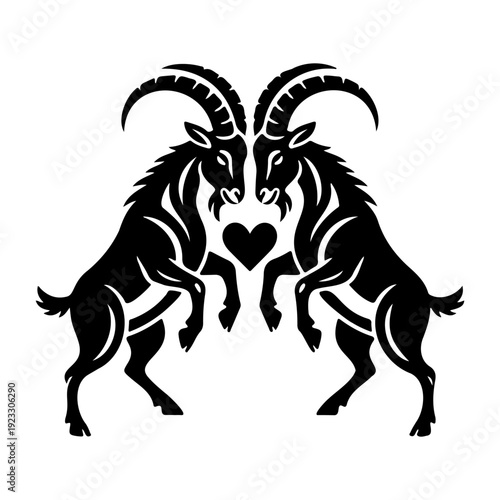Goat Couple Silhouette Touching Horns Forming Heart Romantic Animal Love Vector Illustration
