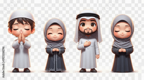 Adorable Muslim Children Characters Praying