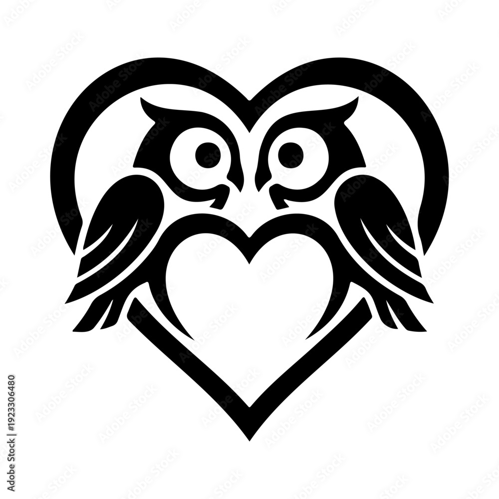 Obraz premium Owl Couple Love Heart Silhouette Romantic Birds Valentine Symbol Vector Illustration