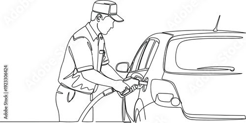 Continuous one line drawing of a gas station attendant fueling a car for automotive service concept