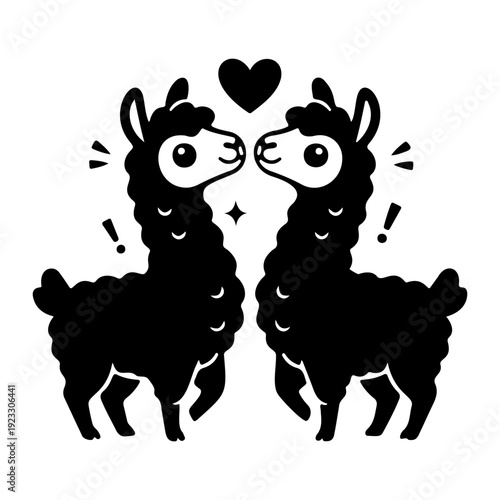 Cute Llama Couple Love Silhouette with Heart Romantic Alpaca Animal Vector Illustration