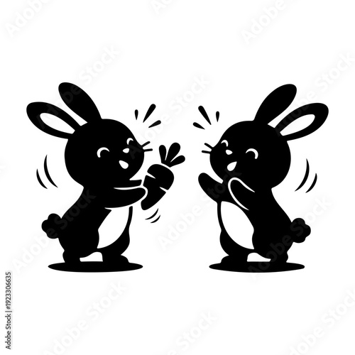 Cute Rabbit Couple Sharing Carrot Love Cartoon Bunny Pair Romantic Animal Silhouette Vector Illustration