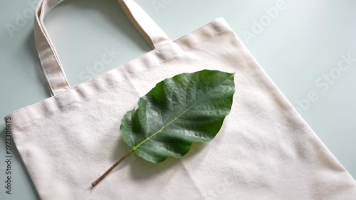 Close-up shows a green leaf placed on a white cotton tote bag, promoting eco-friendly and sustainable lifestyle choices.