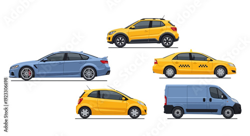 Collection of various car types displayed on a white background vector style