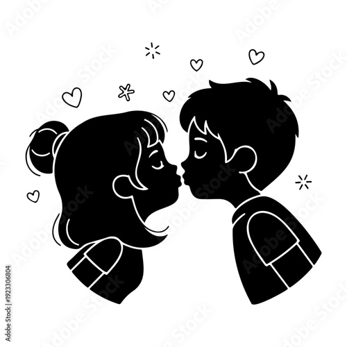 Cute Romantic Couple Kissing Silhouette Cartoon Boy and Girl Love Illustration Valentine Vector Design