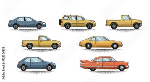 Collection of various car types side views isolated on white background