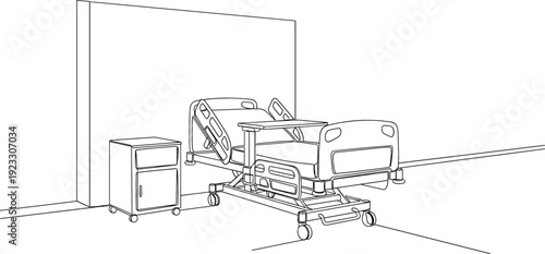 Continuous one line drawing of a modern hospital ward room with adjustable medical bed and cabinet