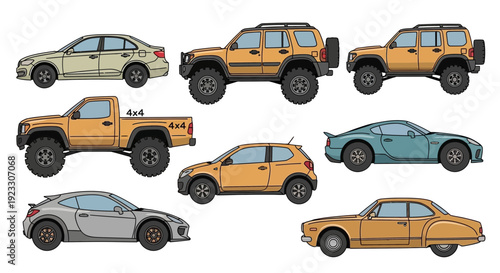 Collection of various car models illustrations in side view isolated