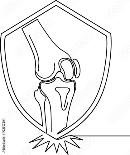 Continuous one line drawing of a knee joint in a shield for orthopedic health protection concept
