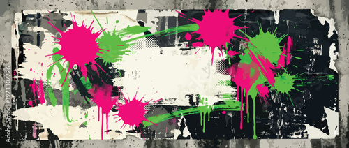 Fuchsia and toxic green punk grunge banner background with paint splatters. Bold messy brush strokes with paint drips in urban street art style background. Halftone distress damaged pattern template.