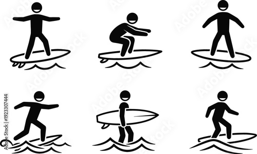 Surfing Silhouette Icon Set with Surfer Riding Waves in Different Poses Black Vector Collection for Summer and Water Sports Design