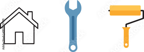 Home maintenance and repair tools featuring house outline blue wrench and yellow paint roller brush icons