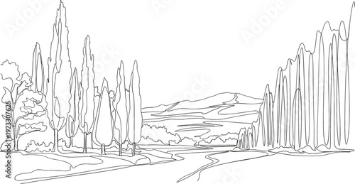 Continuous one line drawing of a Tuscany landscape with cypress trees and rolling hills in Italy