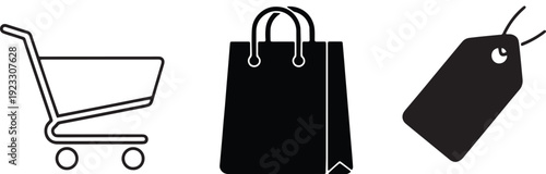Shopping and e-commerce vector icons featuring outline grocery cart black paper bag and price tag with string
