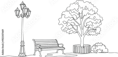 Continuous one line drawing of a public park with bench, lamp post, and tree for city lifestyle