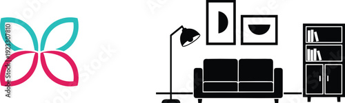 Abstract Butterfly Logo and Modern Living Room Interior Icon Set Minimal Vector Illustration for Branding and Home Design
