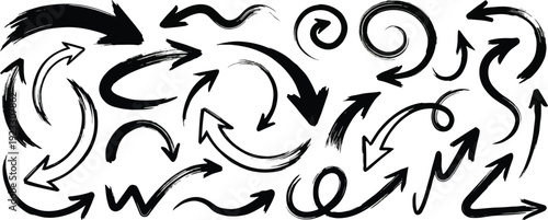 Various bold brush drawn curved arrows. Collection doodle marker thick arrows in different directions. Hand drawn vector direction pointers. Curved and wavy brush strokes with scratches.