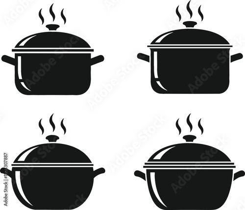 Cooking Pot Silhouette Icon Set with Steaming Saucepan and Kitchen Cookware Black Vector Collection for Food and Culinary Design
