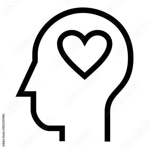Minimal outline icon of a human head containing a heart symbol representing emotion, empathy, compassion, love, mental wellbeing, and emotional intelligence concepts.
