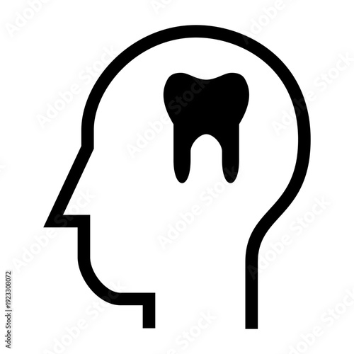 Outline illustration of a human head profile with a tooth symbol inside, representing dental care, oral health, dentistry services, and medical consultation concepts. Icon design vector.