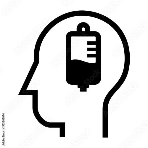 Outline illustration of a human head profile containing an IV drip bag, symbolizing medical treatment, mental health care, therapy, and healthcare support concepts. Icon design vector.
