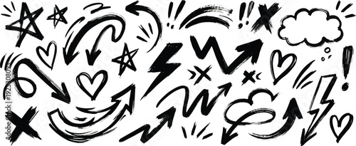 Bold brush drawn doodle shapes for graffiti street art poster design. Hand drawn thick heart and star symbols. Funky bold sticker collection. Naive brush graphic vector elements. Funky thick doodles