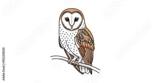 Detailed vector illustration of a elegant barn owl perched on a slender branch showcasing its distinctive heart-shaped facial disk and intricate