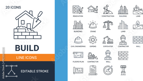 Set of 20 build line icons for residential construction renovation architecture civil engineering and urban land development