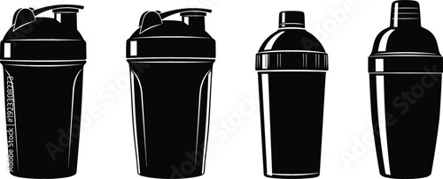 Protein Shaker Bottle Silhouette Set with Different Lid Styles Black Vector Collection for Fitness, Gym, and Sports Nutrition Design