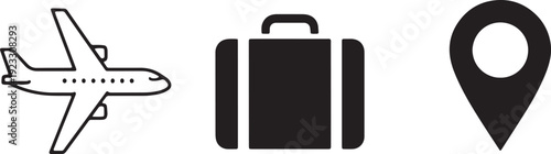 Outline airplane, solid suitcase, and map pin location icons for travel and tourism concepts