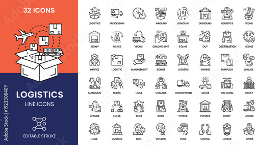 Set of 32 logistics line icons for global shipping warehouse management supply chain and freight concept