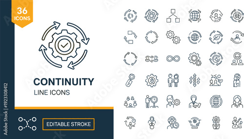 Set of 36 continuity line icons for business endurance process reliability recurring cycles and systematic workflow management