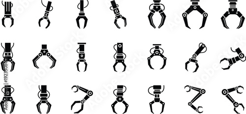 Robotic Arm Claw Gripper Icon Set with Industrial Robot Hand Variations Black Silhouette Vector Collection for Automation and Manufacturing