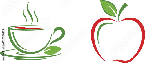 Green Tea Cup and Red Apple Healthy Lifestyle Icon Set with Organic Beverage and Fresh Fruit Vector Illustration