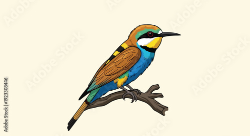 Vivid avian illustration with brilliant blue, warm brown, golden yellow plumage perched on a natural branch, artistic portrayal of wild serenity and