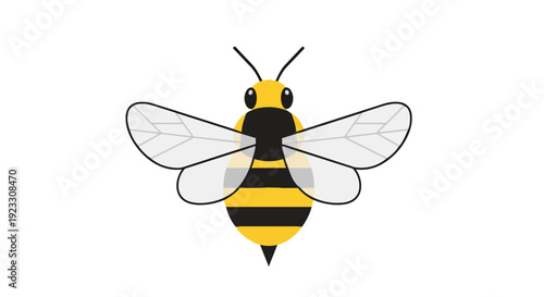 Vector bee illustration. Features bold yellow and black stripes, clear wings, antennae. Symbolizes pollination, nature, and ecology. Clean, friendly