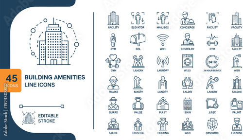 Set of 45 building amenities line icons for residential facility management concierge services and commercial lifestyle infrastructure
