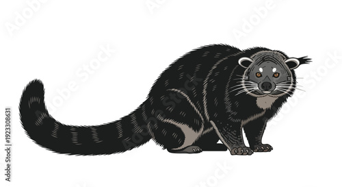 Vibrant illustration of a distinctive binturong, showcasing its dark fur and unique facial features