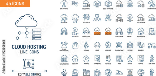 Set of 45 cloud hosting line icons for data transfer network security server infrastructure and computing
