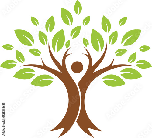 Tree with Human Figure Logo Design Symbolizing Growth, Nature, Wellness, and Family Connection Green and Brown Vector Illustration
